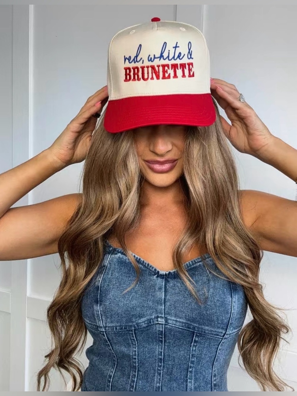 RED, WHITE & BRUNETTE EMBROIDERED CANVAS ADJUSTABLE BASEBALL HAT - RED BRIM